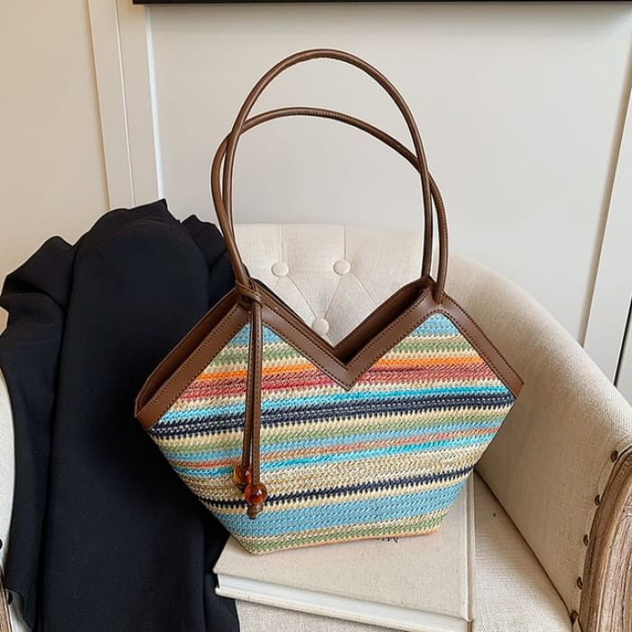 Striped Woven Handbag - Blue / One Size