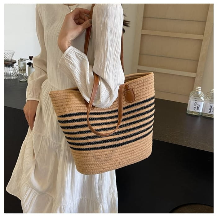 Striped Woven Tote Bag