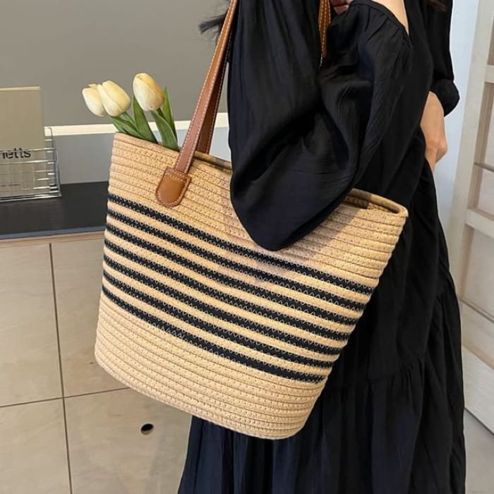 Striped Woven Tote Bag