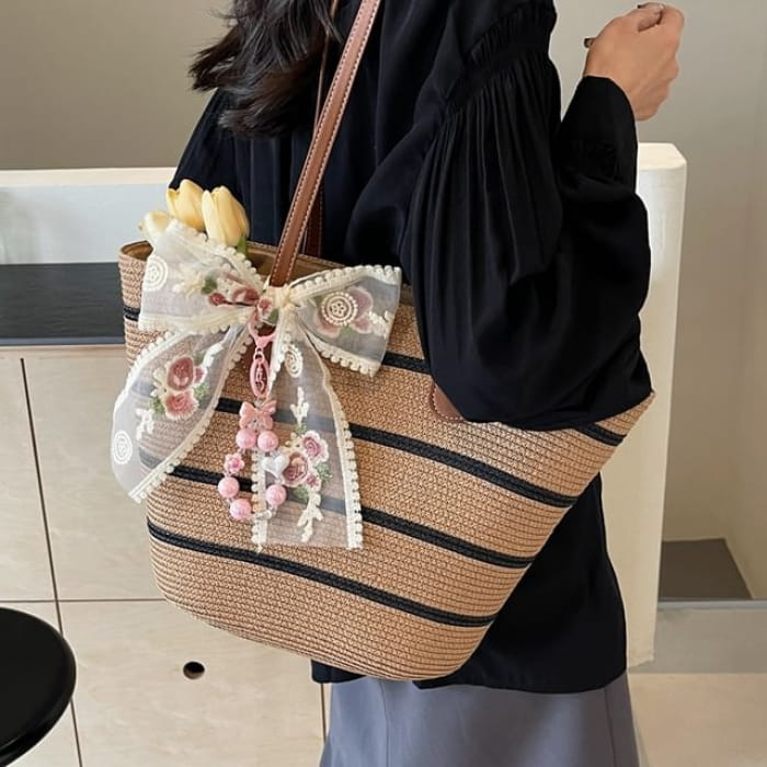 Striped Woven Tote Bag / Scarf / Cham / Set