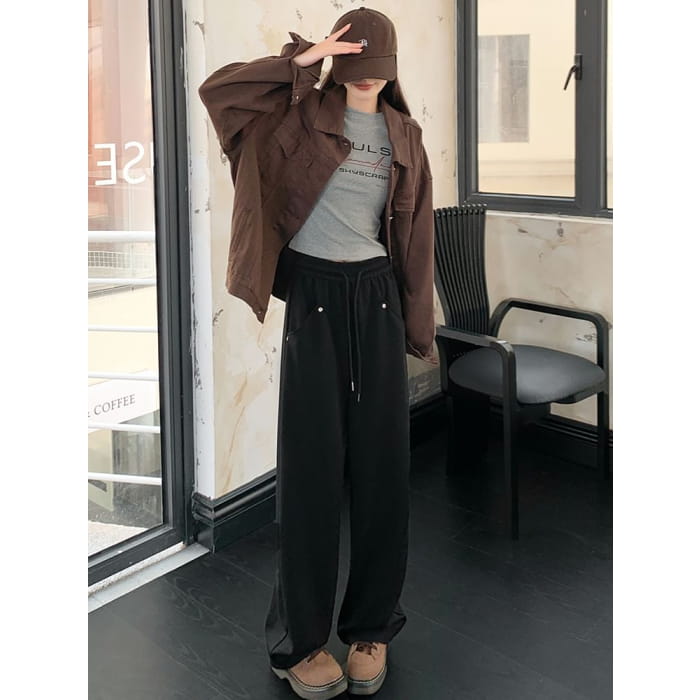 Stud Applique Plain High Rise Drawstring Wide Leg Sweatpants