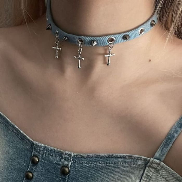 Studded Denim Choker - Cross - Blue / One Size