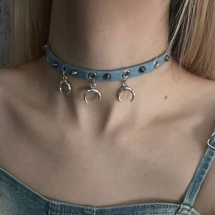 Studded Denim Choker - Moon - Blue / One Size