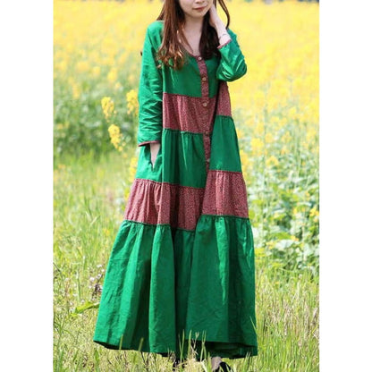 Style Green Print Pockets Maxi Dress Long Sleeve VB1029