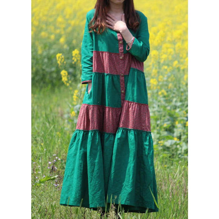 Style Green Print Pockets Maxi Dress Long Sleeve VB1029