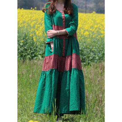 Style Green Print Pockets Maxi Dress Long Sleeve VB1029