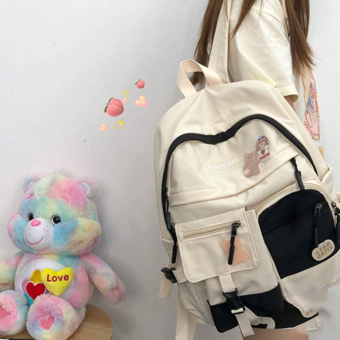 Stylish Color Block College Style Backpack - Beige & Black