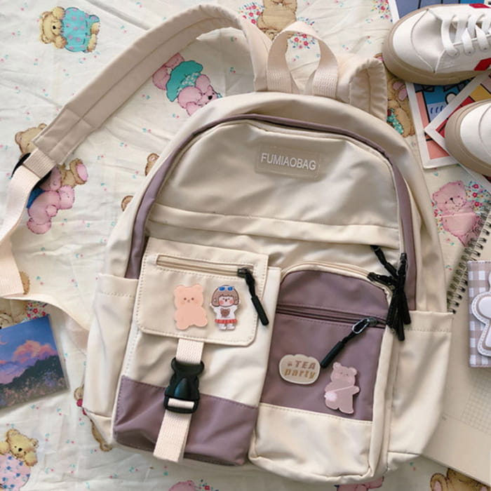 Stylish Color Block College Style Backpack - Beige & Purple