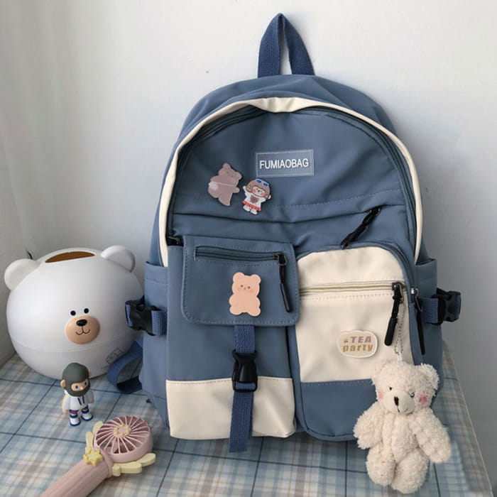 Stylish Color Block College Style Backpack - Blue with Bear