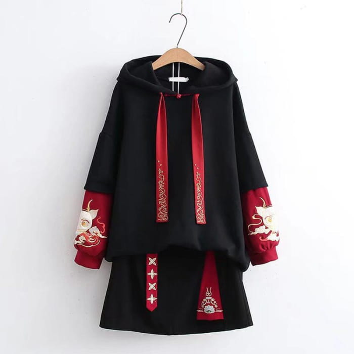 Stylish Dragon Embroidery Colorblock Hoodie Skirt Set - S