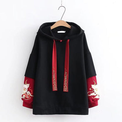 Stylish Dragon Embroidery Colorblock Hoodie Skirt Set - S