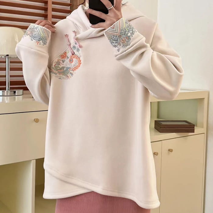 Stylish Embroidery Oblique Plush Hoodie - Beige / One Size