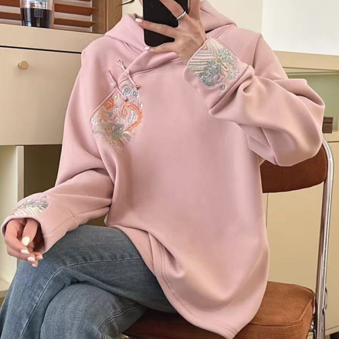 Stylish Embroidery Oblique Plush Hoodie - Pink / One Size