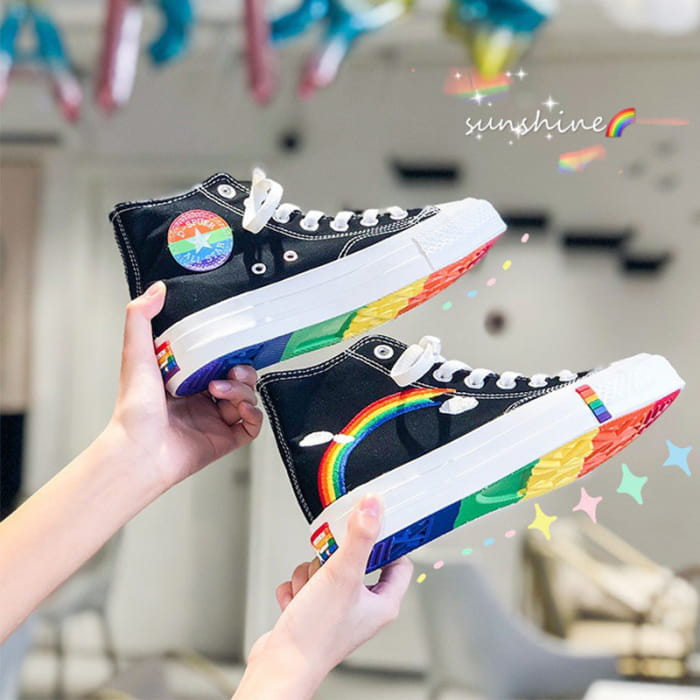 Stylish Rainbow Print High Top Canvas Shoes - Black / 35
