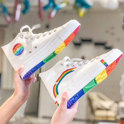 Stylish Rainbow Print High Top Canvas Shoes - White / 35