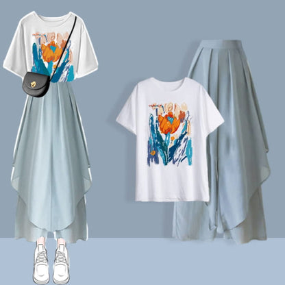 Summer Printed T-Shirt Blue Wide Leg Chiffon Pants Set - F