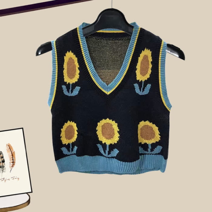 Sunflower Print Knit Vest Lapel Shirt Pleated Skirt - M