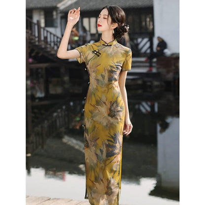 Sunflower Short Sleeve Long Cheongsam - Female Hanfu