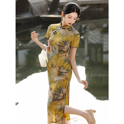 Sunflower Short Sleeve Long Cheongsam - S - Female Hanfu