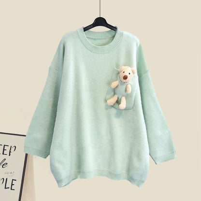 Sweet Bear Pullover Sweater Lapel Pleated Dress - M