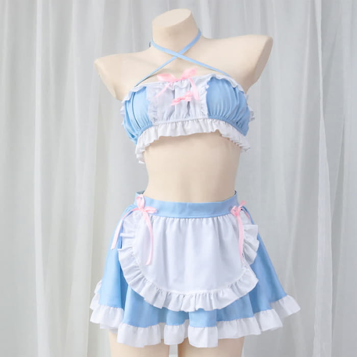 Sweet Blue Lace Up Ruffled Maid Skirt Lingerie Stockings