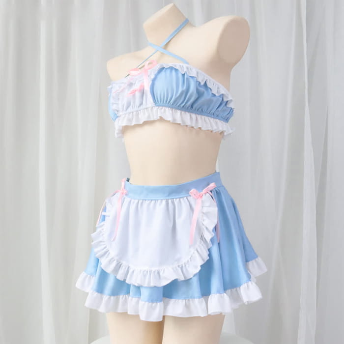 Sweet Blue Lace Up Ruffled Maid Skirt Lingerie Stockings