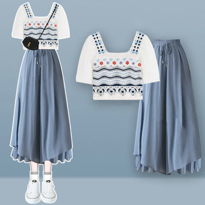 Sweet Boho Hollow Out Vest T-Shirt Blue Split Pantskirt