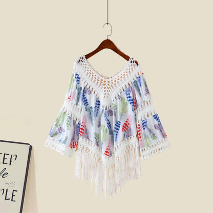 Sweet Boho Print Fringed Hollow Out Shirt Pleated Skirt