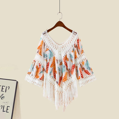 Sweet Boho Print Fringed Hollow Out Shirt Pleated Skirt