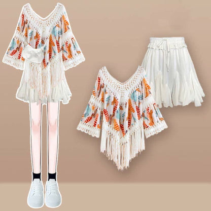 Sweet Boho Print Fringed Hollow Out Shirt Pleated Skirt