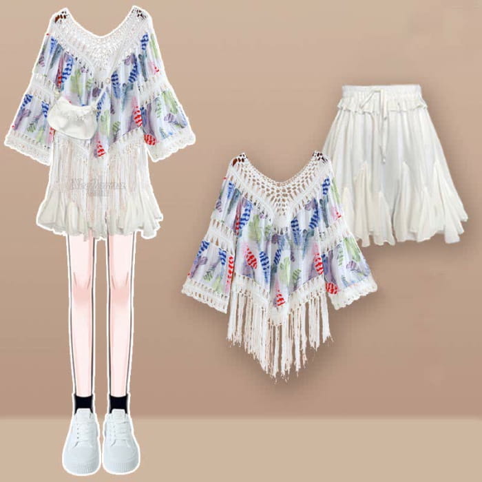 Sweet Boho Print Fringed Hollow Out Shirt Pleated Skirt