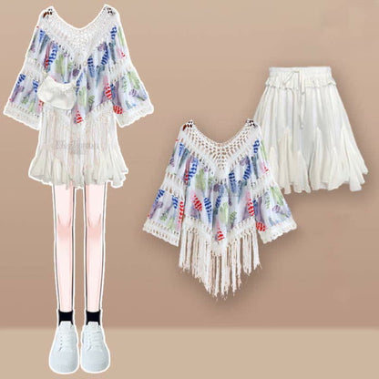 Sweet Boho Print Fringed Hollow Out Shirt Pleated Skirt