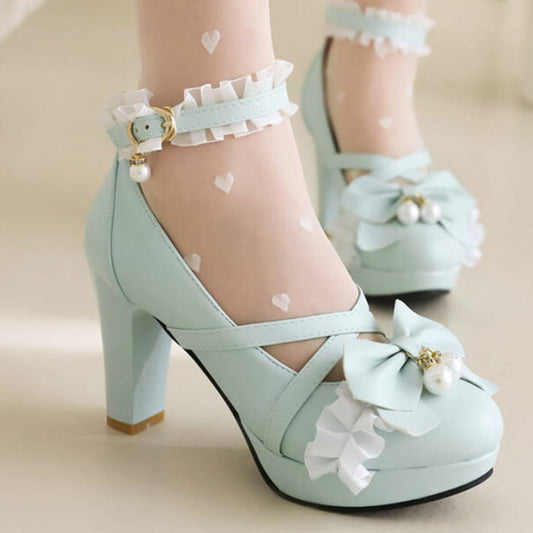 Sweet Bow Decor Lace Chunk Heel Sandals