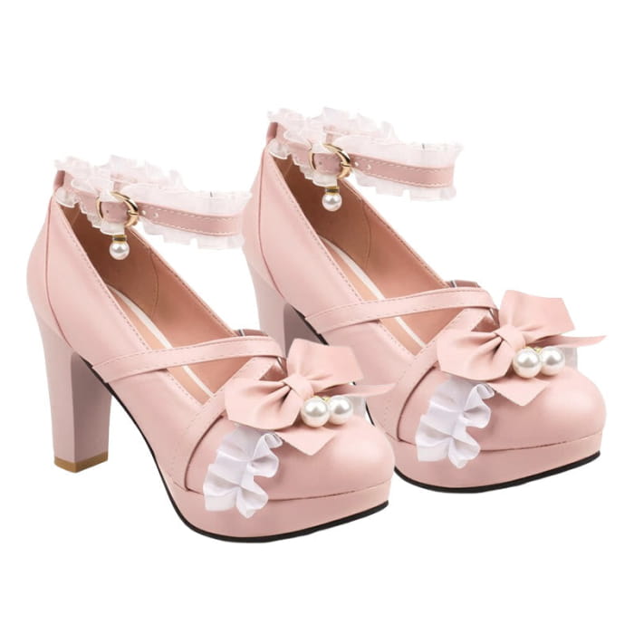 Sweet Bow Decor Lace Chunk Heel Sandals - Pink / 35