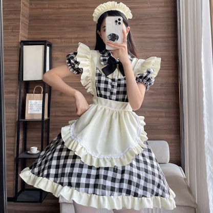 Sweet Bow Knot Ruffled Plaid Maid Dress