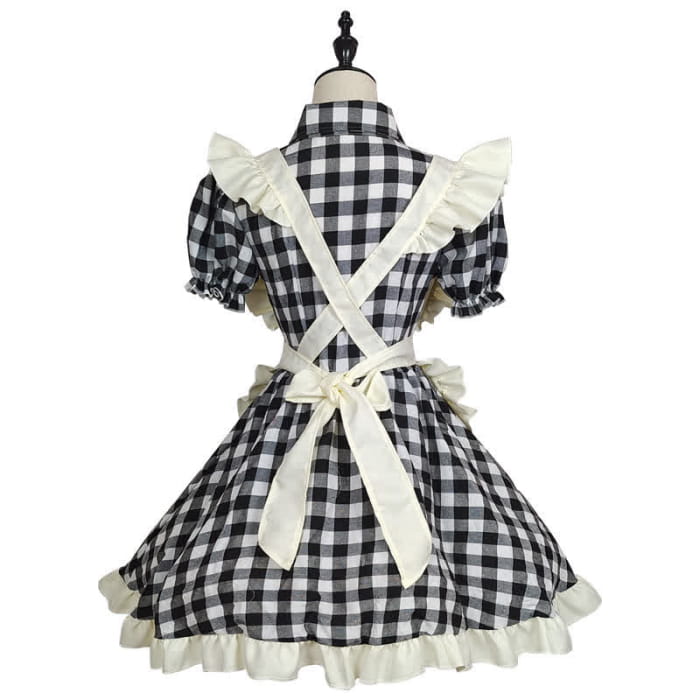 Sweet Bow Knot Ruffled Plaid Maid Dress