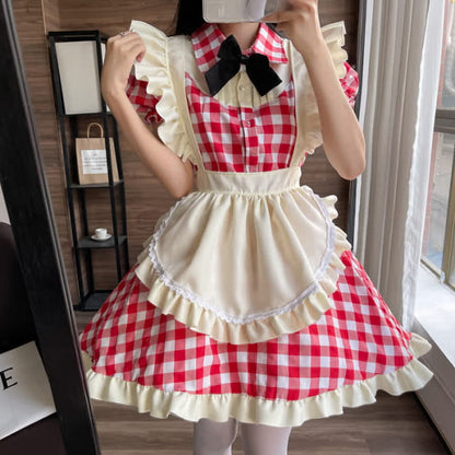 Sweet Bow Knot Ruffled Plaid Maid Dress