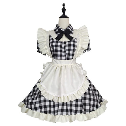 Sweet Bow Knot Ruffled Plaid Maid Dress - Black / S