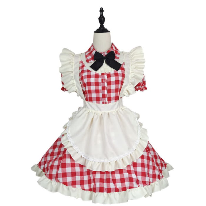 Sweet Bow Knot Ruffled Plaid Maid Dress - Red / S