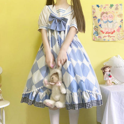 Sweet Bow Square Print Navy Collar Lolita Dress