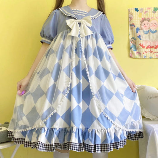 Sweet Bow Square Print Navy Collar Lolita Dress - Blue / M