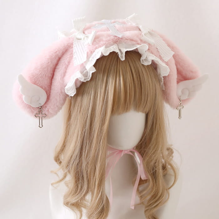 Sweet Bowknot Cross Decor Lolita Plush Hat - Pink / One Size