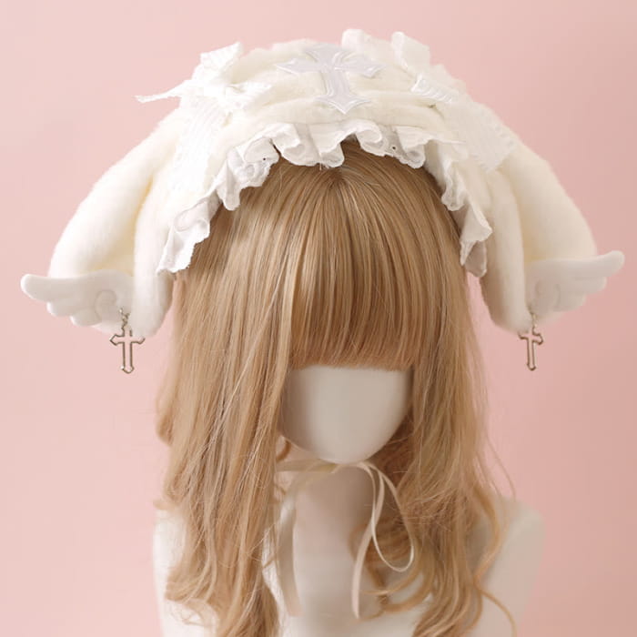 Sweet Bowknot Cross Decor Lolita Plush Hat - White