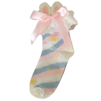 Sweet Bunny Ears Bow Ankle Socks - Blue + Pink / One size