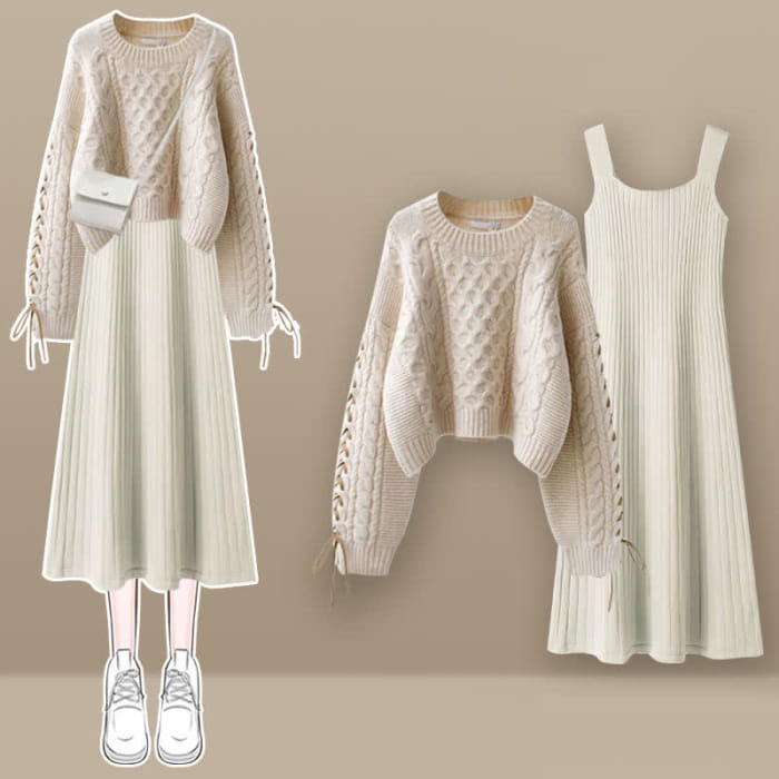 Sweet Cable Sweater Knit Slip Dress Set - B / M
