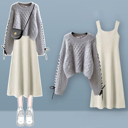 Sweet Cable Sweater Knit Slip Dress Set - C / M