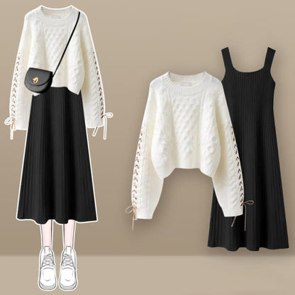 Sweet Cable Sweater Knit Slip Dress Set - D / M