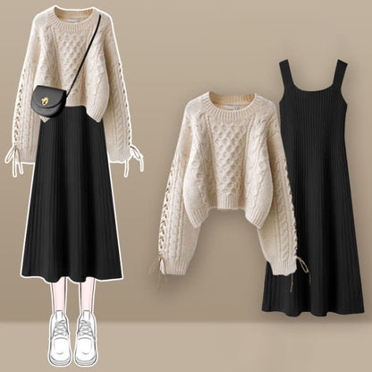 Sweet Cable Sweater Knit Slip Dress Set - E / M