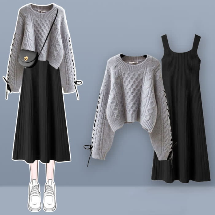 Sweet Cable Sweater Knit Slip Dress Set - F / M