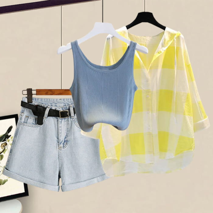 Sweet Cami Top Cardigan Pure Color Shorts - Set E / M